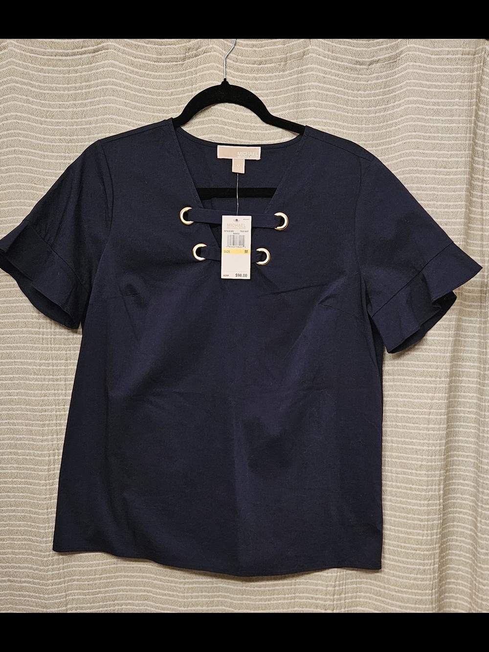 NWR MICHAEL Michael Kors Navy Short Sleeve Grommet Detail Top